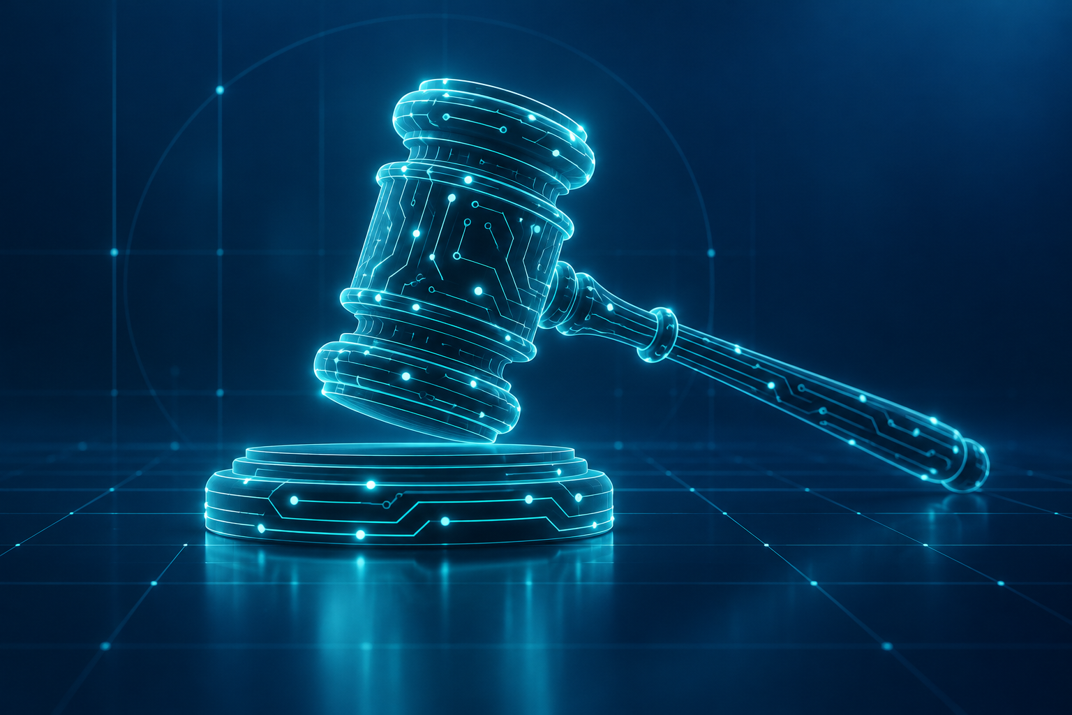 Abstract illustration of a gavel formed from glowing circuit lines on a deep navy background
