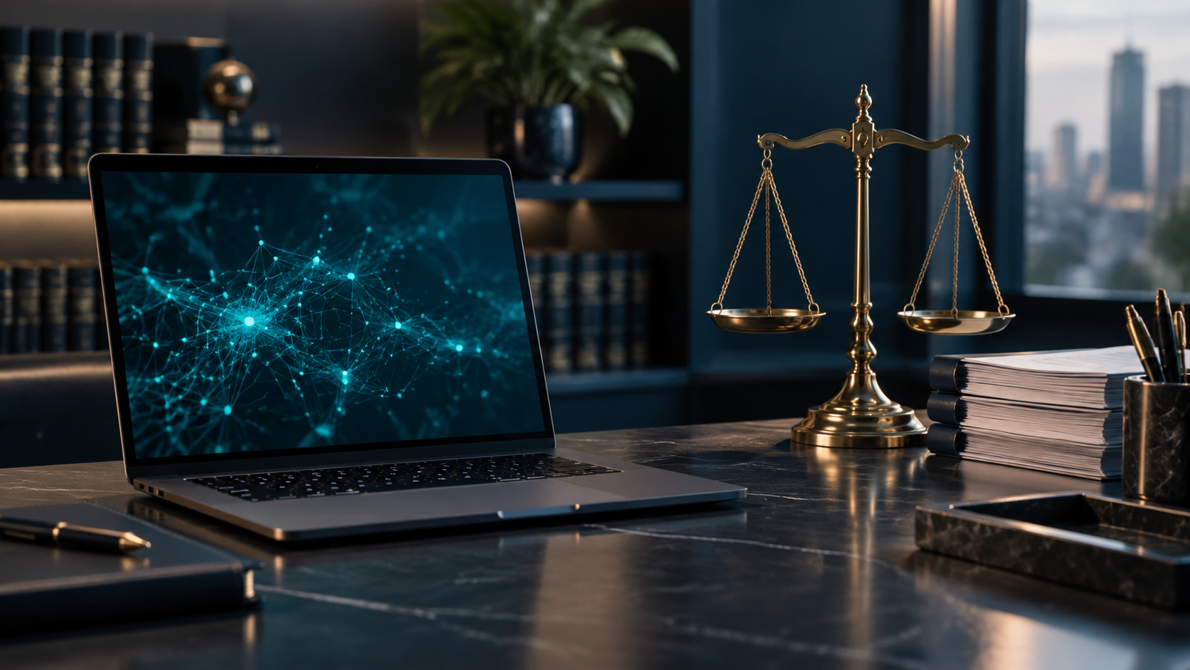 A lawyer's desk with a laptop showing a glowing AI neural network beside brass scales of justice